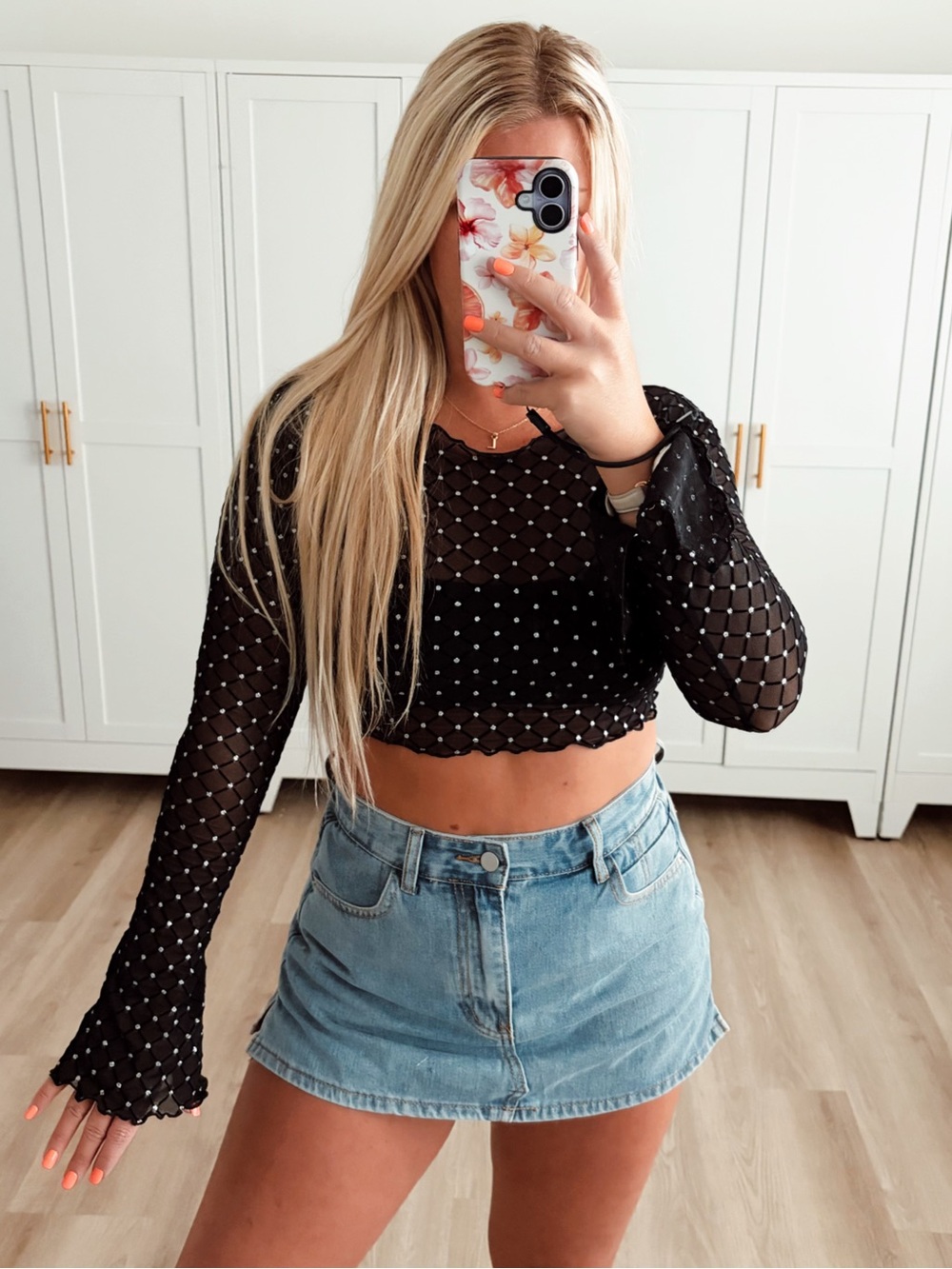 Black Sheer Mesh Bell Sleeve Crop Top with glitter